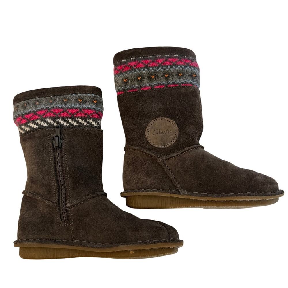 Clarks Faux Furr Lined Boots Gray Fair-Isle Knitted Cuff Snuggle Love Girls 8.5